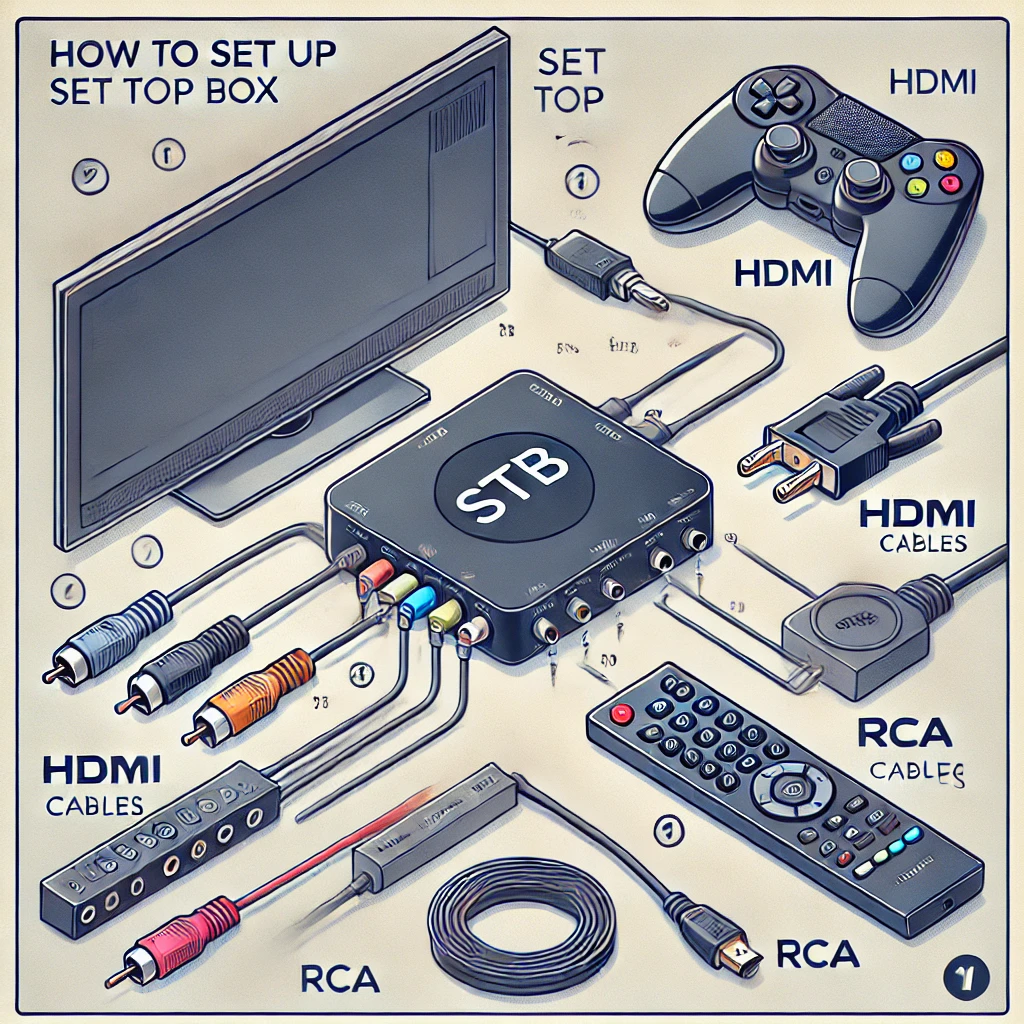 Diagram pengaturan Set Top Box (STB) dengan TV analog, menunjukkan koneksi kabel HDMI dan RCA.
