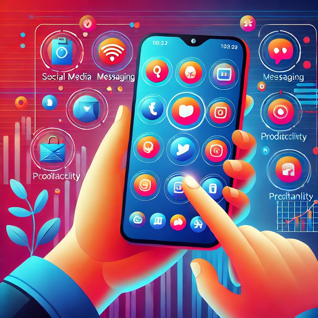Ilustrasi smartphone dengan berbagai aplikasi wajib, seperti media sosial, pesan, produktivitas, dan hiburan.