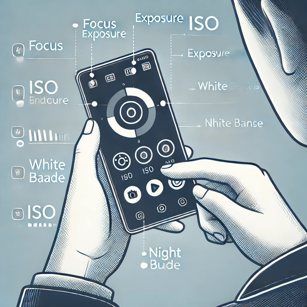 Ilustrasi seseorang yang sedang mengatur kamera HP dengan berbagai pengaturan seperti fokus, ISO, eksposur, dan white balance.