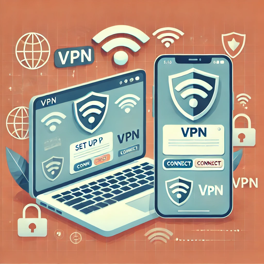 Ilustrasi panduan cara setting VPN di HP dan laptop, menampilkan laptop dan layar smartphone dengan antarmuka aplikasi VPN serta tombol "Connect". Simbol Wi-Fi dan ikon perisai melambangkan keamanan dan privasi.